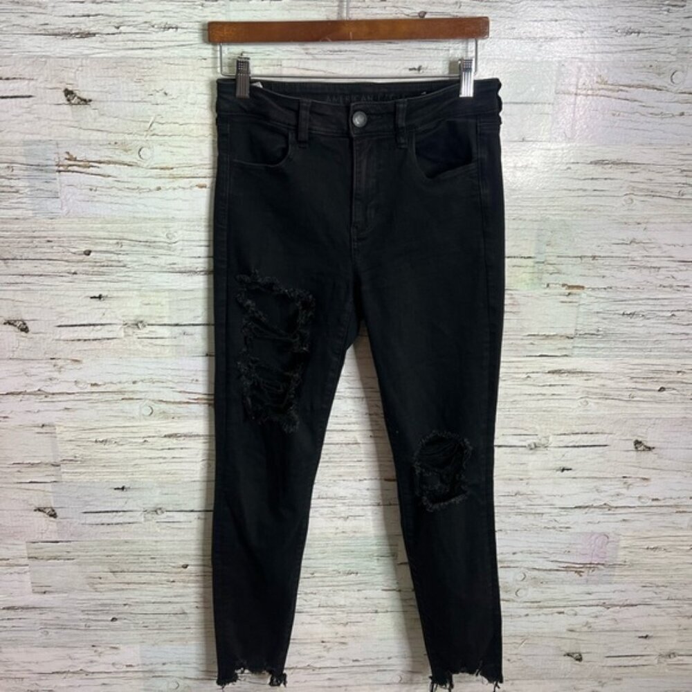 American Eagle Outfitters High Rise Black Jeans high rise jegging distressed 8